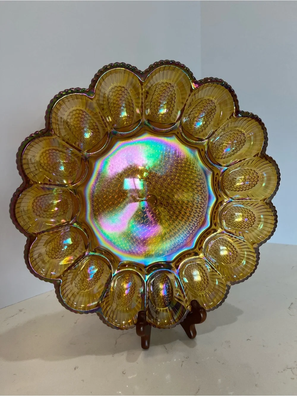 Vintage Indiana Glass Carnival Glass Deviled Egg Platter Plate Amber Hobnail 11”